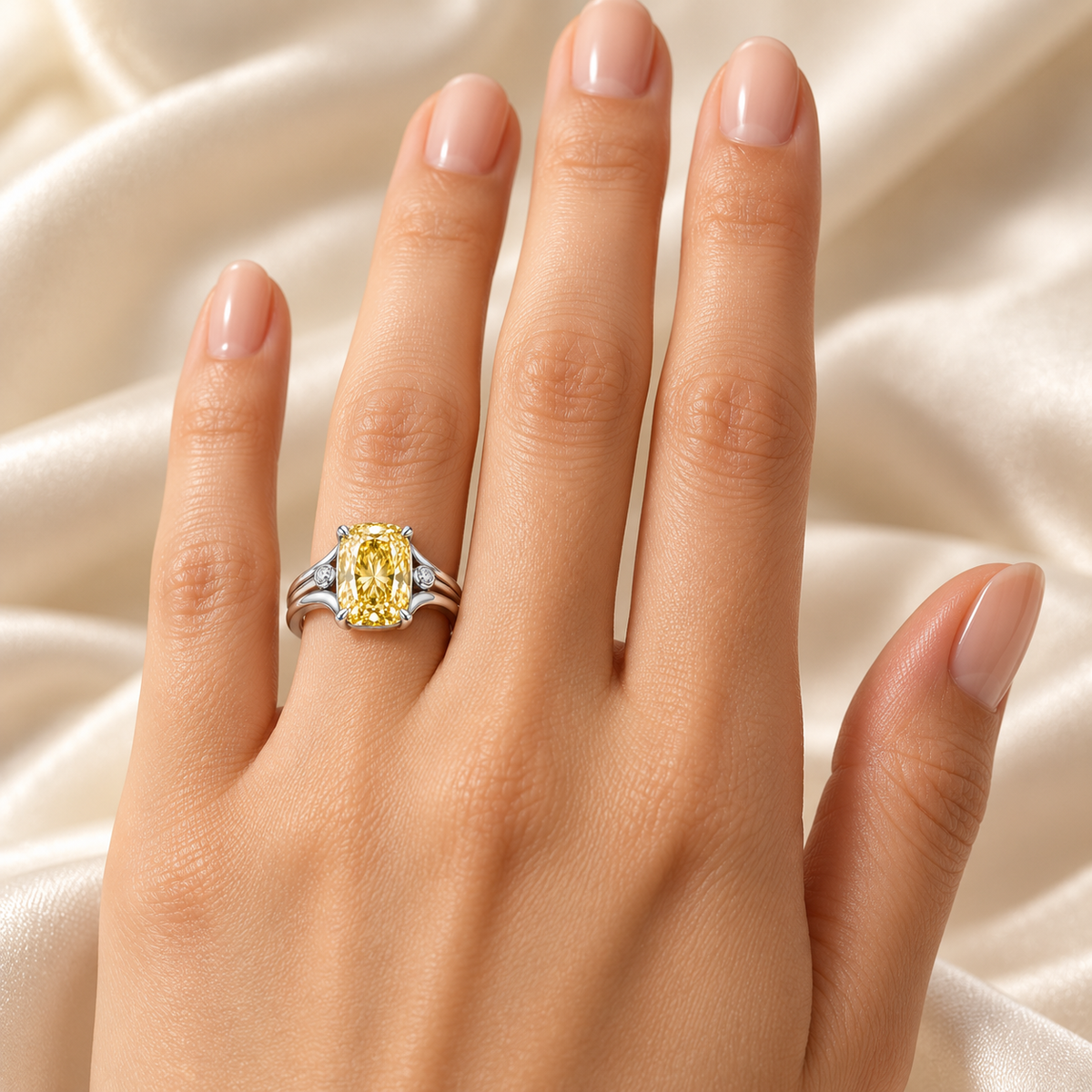 MISSISSI Golden Cadence lab-grown diamond ring, worn on the left ring finger, design visualization