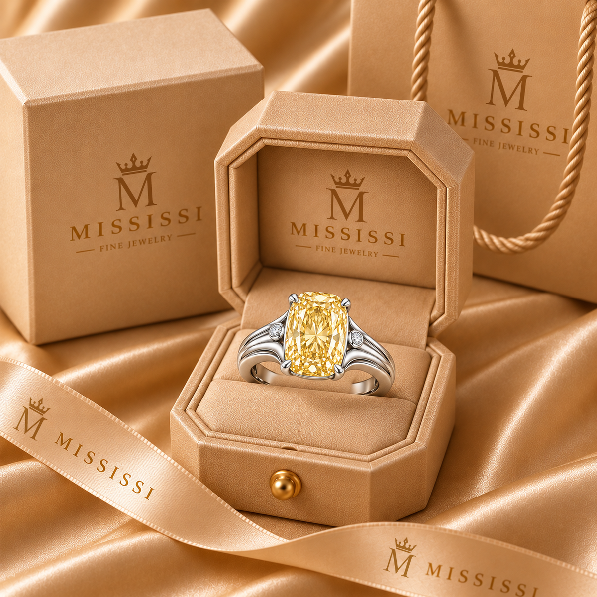 MISSISSI Golden Cadence lab-grown diamond ring, in official champagne MISSISSI packaging, design visualization