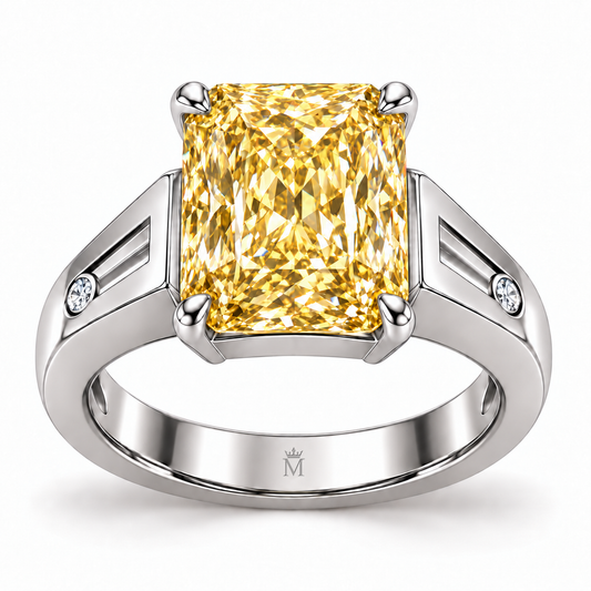 Solar Channel yellow radiant lab-grown diamond ring in white metal, front studio view