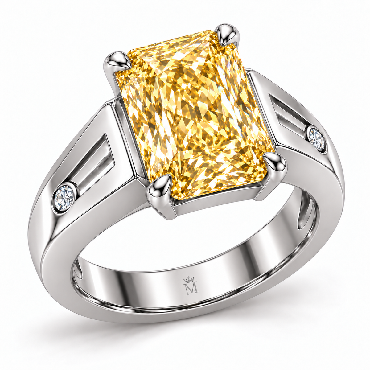 Solar Channel yellow radiant lab-grown diamond ring in white metal, elevated oblique view