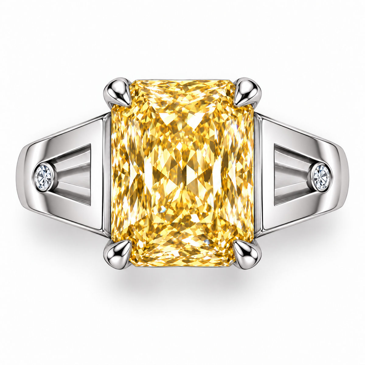 Solar Channel yellow radiant lab-grown diamond ring in white metal, face-up top view
