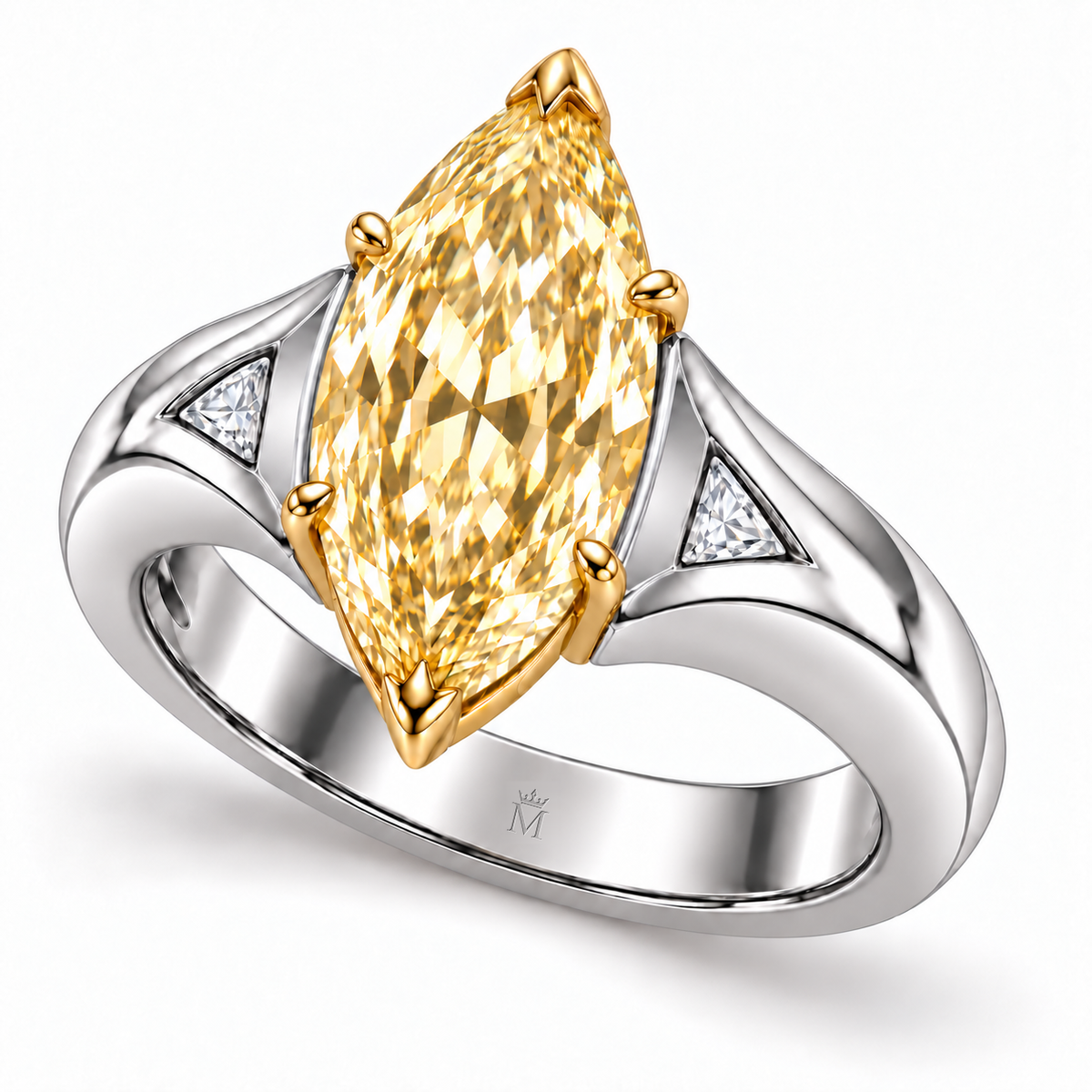 Aureate Wings yellow marquise lab-grown diamond ring, elevated oblique view