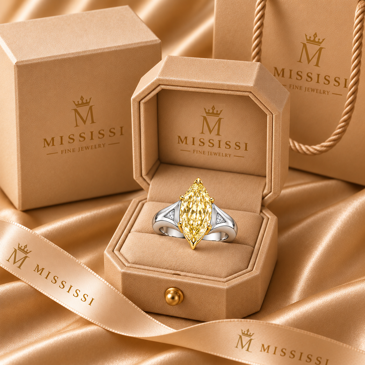 Aureate Wings yellow marquise lab-grown diamond ring, in official champagne MISSISSI packaging