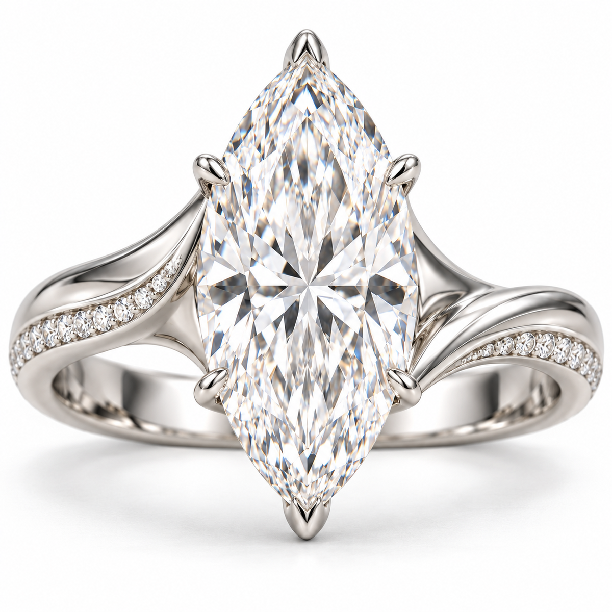 AI design preview of MISSISSI Liquid Crest white-metal marquise ring with flowing solid shoulders and pavé edges
