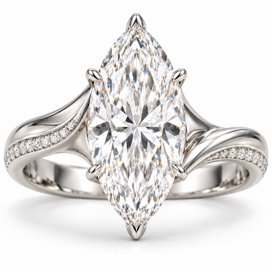AI design preview of MISSISSI Liquid Crest white-metal marquise ring with flowing solid shoulders and pavé edges