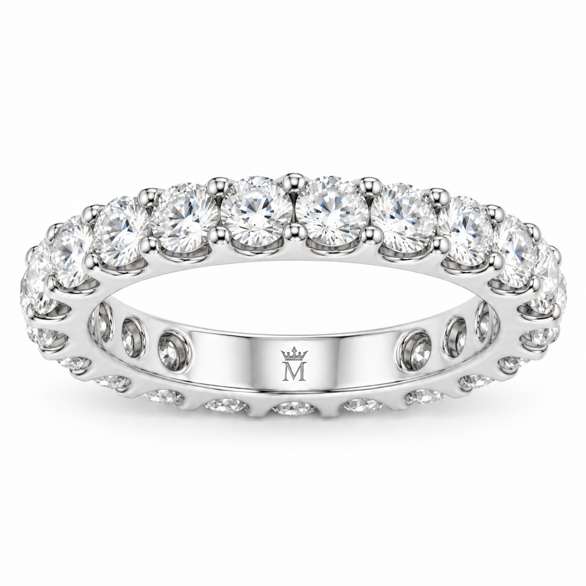 Lumen round diamond full-eternity wedding band in 14K white gold, front product view on white.