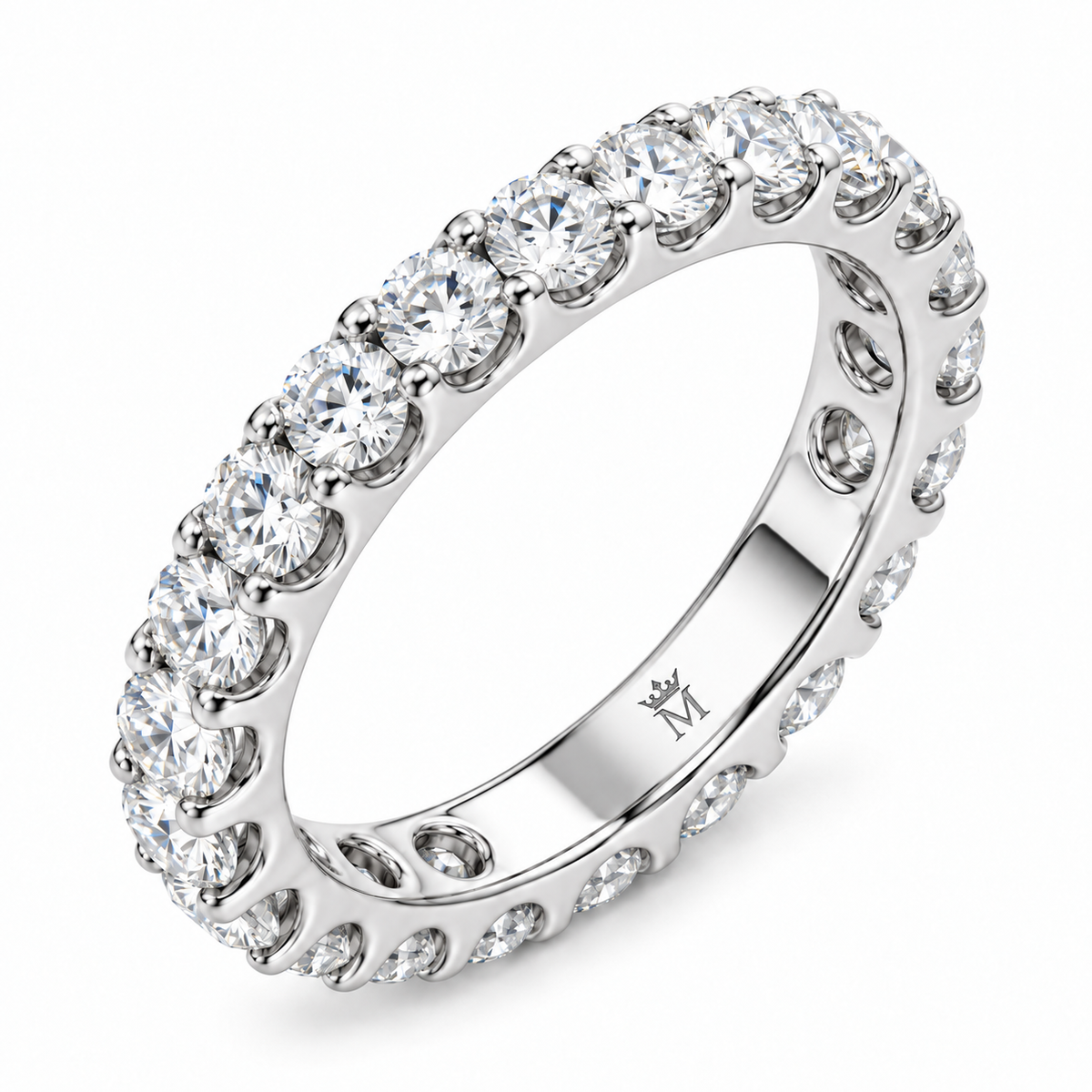 Lumen round diamond full-eternity wedding band in 14K white gold, left three-quarter product view on white.