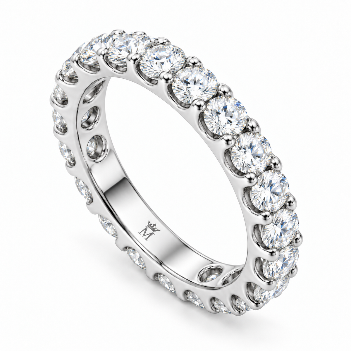 Lumen round diamond full-eternity wedding band in 14K white gold, right three-quarter product view on white.