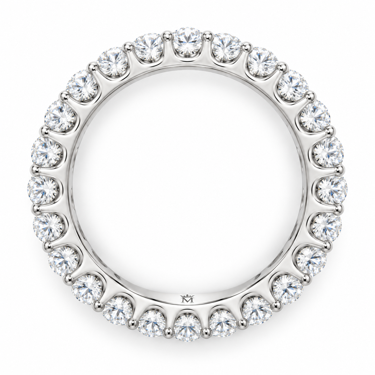 Lumen round diamond full-eternity wedding band in 14K white gold, top-down product view on white.
