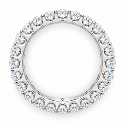 Lumen round diamond full-eternity wedding band in 14K white gold, top-down product view on white.