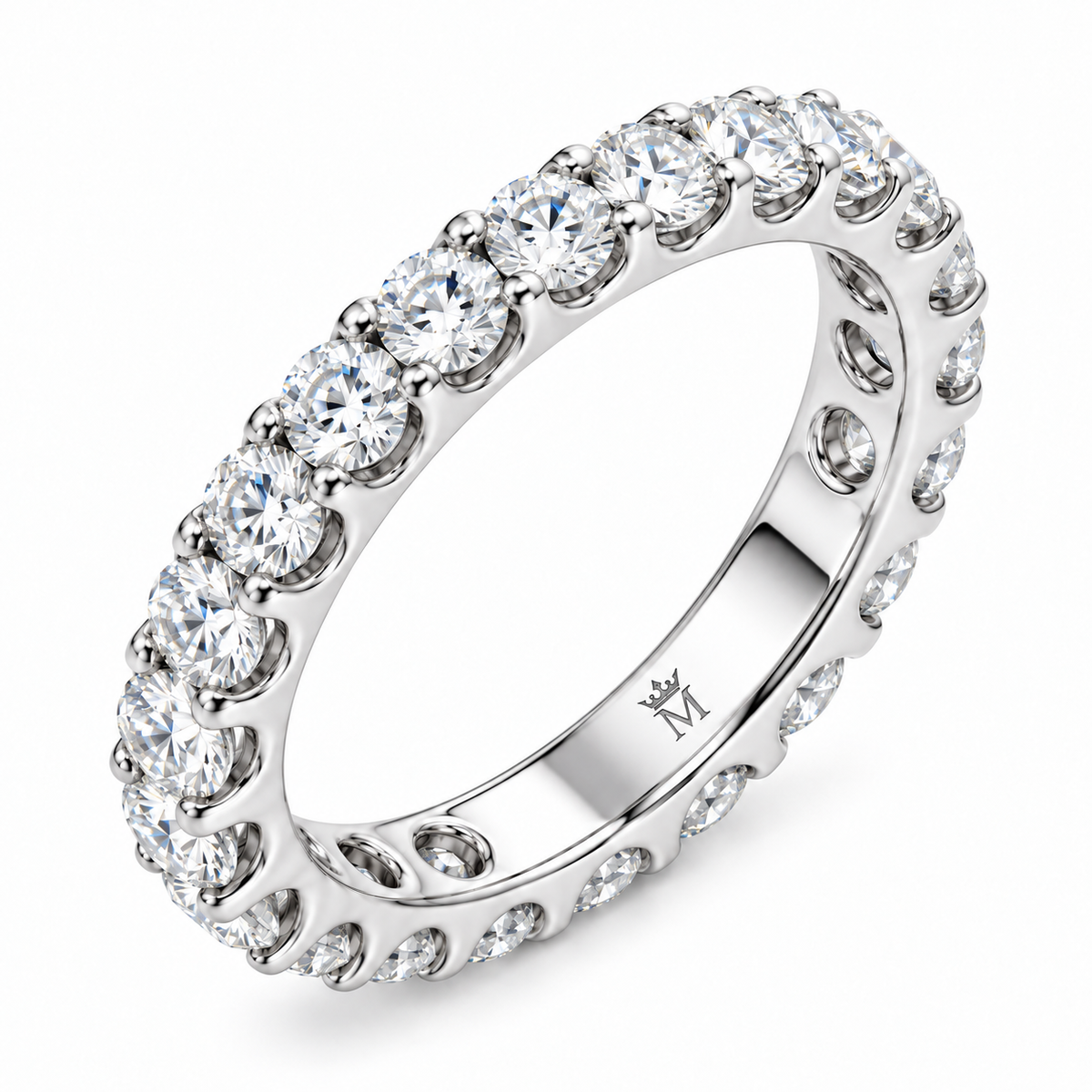 Lumen round diamond full-eternity wedding band in 14K white gold, close-up of the diamond setting.