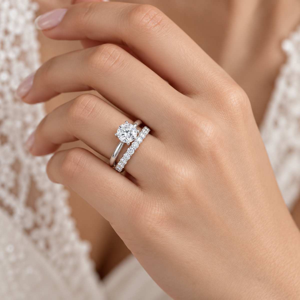 Lumen round diamond full-eternity wedding band in 14K white gold, worn by a model.
