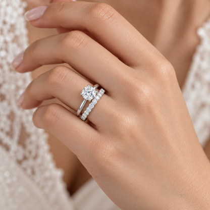 Lumen round diamond full-eternity wedding band in 14K white gold, worn by a model.