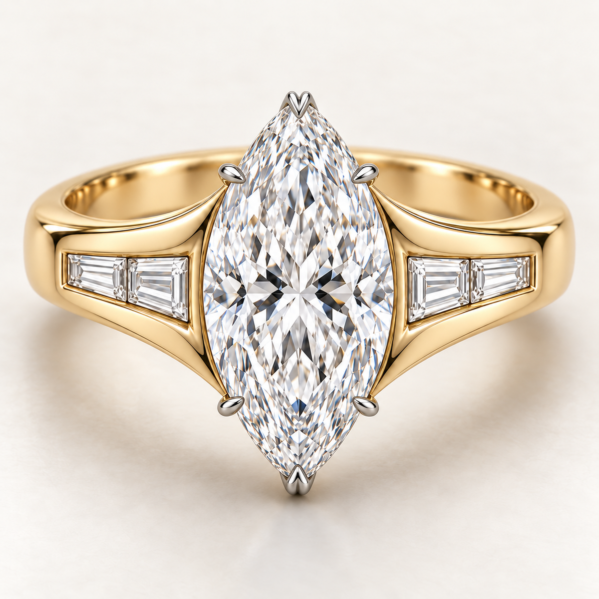AI design preview of MISSISSI LUMEN marquise lab-grown diamond ring with a yellow-gold softened flat band and two baguettes on each shoulder