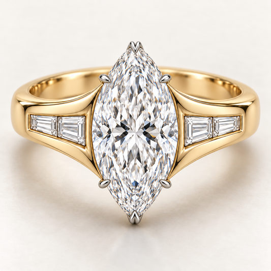 AI design preview of MISSISSI LUMEN marquise lab-grown diamond ring with a yellow-gold softened flat band and two baguettes on each shoulder