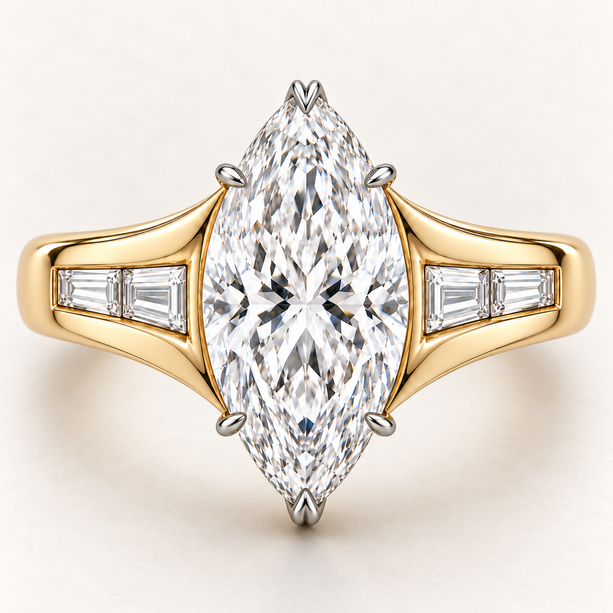 AI design preview of LUMEN marquise ring from above with two protective V-tips, four lateral claws and four shoulder baguettes
