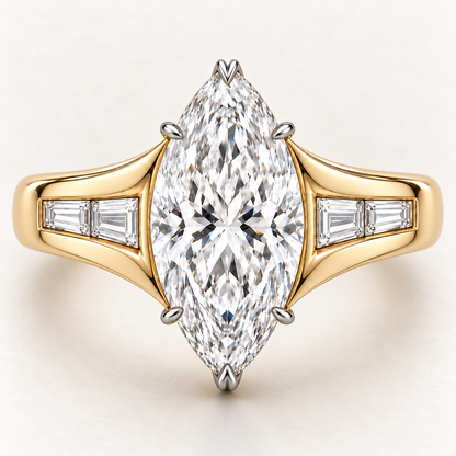 AI design preview of LUMEN marquise ring from above with two protective V-tips, four lateral claws and four shoulder baguettes