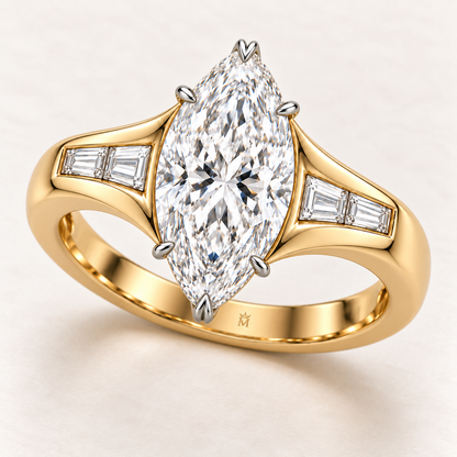 AI design preview of the complete LUMEN marquise lab-grown diamond ring with four baguette shoulder accents, a continuous yellow-gold band and discreet crowned-M inner engraving