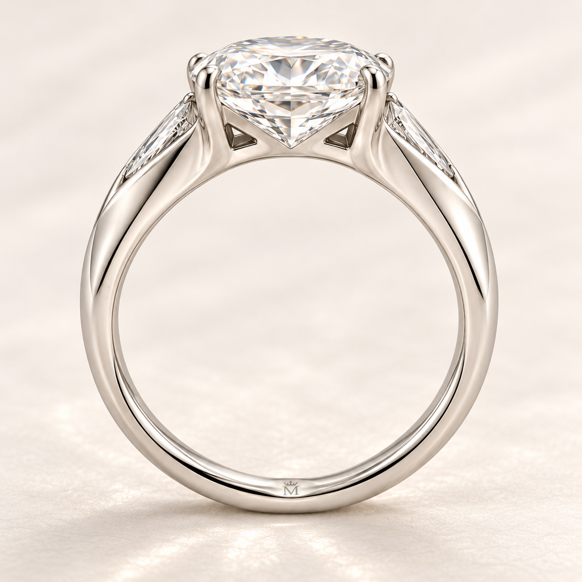 Luminous Fold oval diamond ring with solid faceted shoulders, side profile