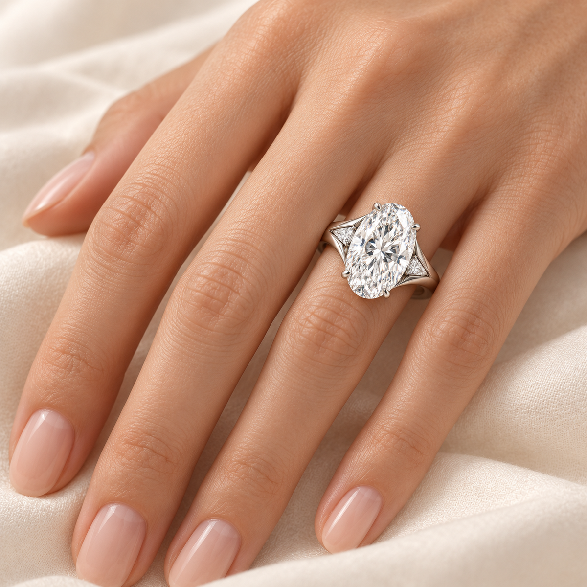 Luminous Fold oval diamond ring worn on a ring finger