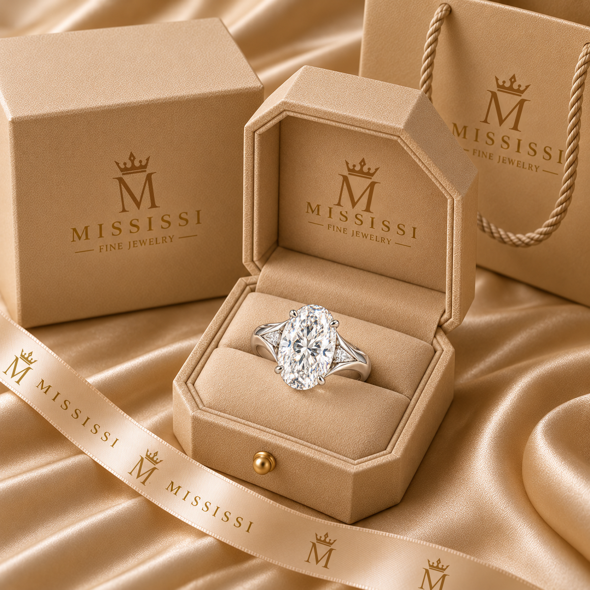 Luminous Fold oval diamond ring in MISSISSI champagne packaging