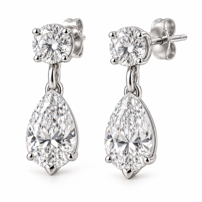 MISSISSI Lyra 1.20 total carat round and pear lab-grown diamond drop earrings in 14K white gold, hero view