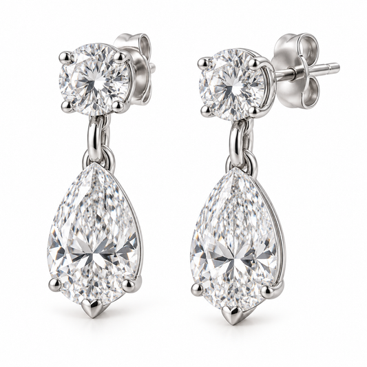 MISSISSI Lyra 1.20 total carat round and pear lab-grown diamond drop earrings in 14K white gold, hero view