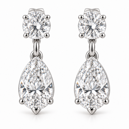MISSISSI Lyra 1.20 total carat round and pear lab-grown diamond drop earrings in 14K white gold, front view