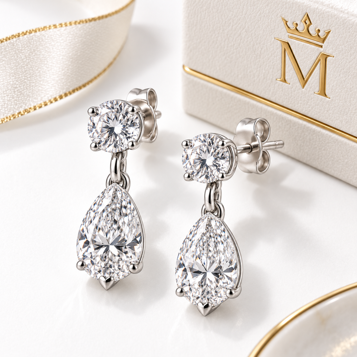 MISSISSI Lyra 1.20 total carat round and pear lab-grown diamond drop earrings in 14K white gold, top view