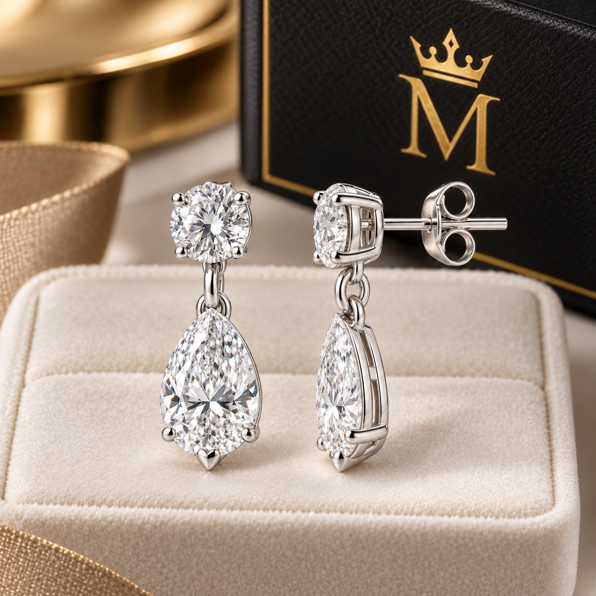 MISSISSI Lyra 1.20 total carat round and pear lab-grown diamond drop earrings in 14K white gold, side view