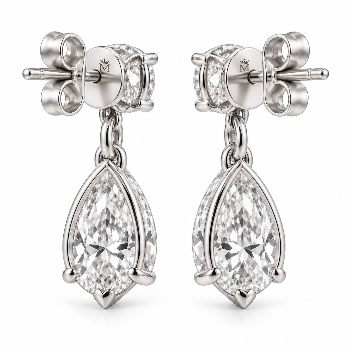 MISSISSI Lyra 1.20 total carat round and pear lab-grown diamond drop earrings in 14K white gold, back view