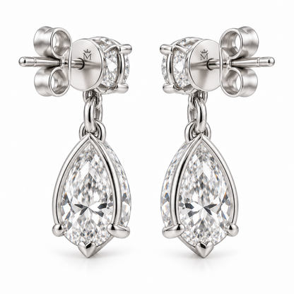 MISSISSI Lyra 1.20 total carat round and pear lab-grown diamond drop earrings in 14K white gold, back view