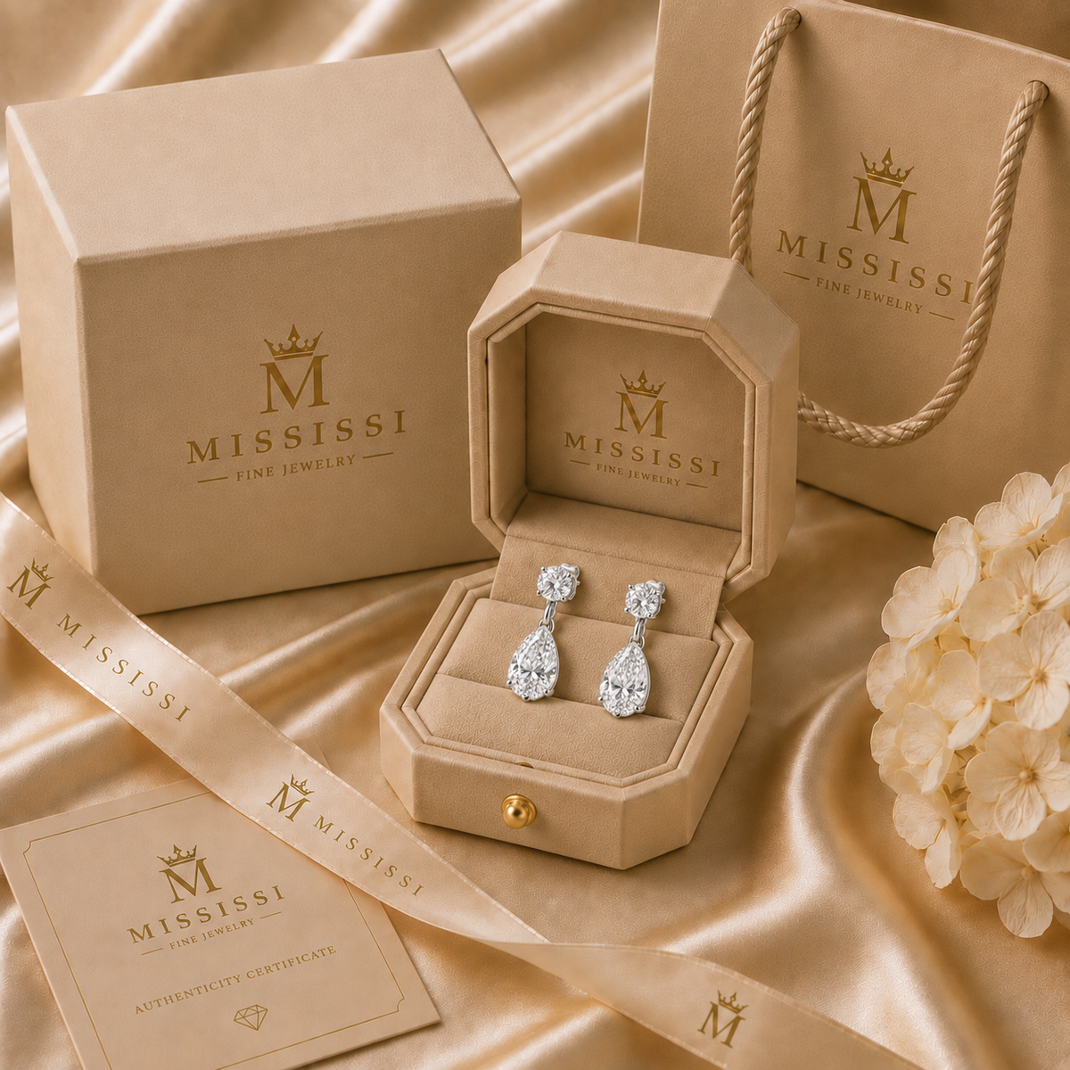 MISSISSI Lyra 1.20 total carat round and pear lab-grown diamond drop earrings in 14K white gold, official branded packaging