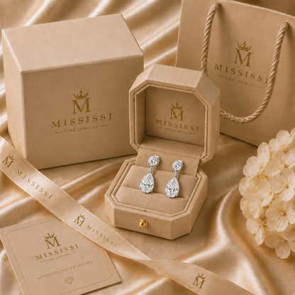 MISSISSI Lyra 1.20 total carat round and pear lab-grown diamond drop earrings in 14K white gold, official branded packaging