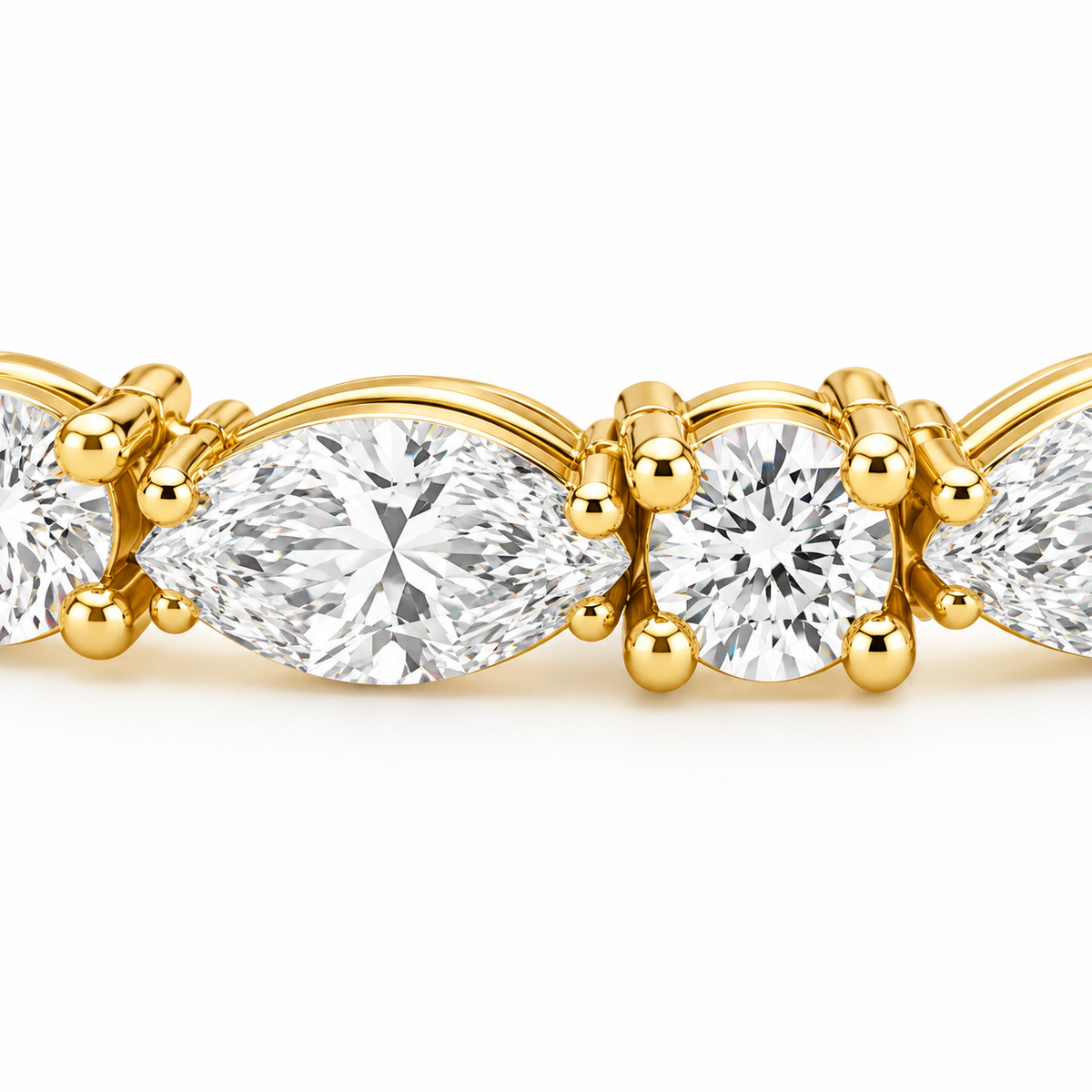 MISSISSI Maris 2.50 total carat marquise and round lab-grown diamond tennis bracelet in 14K yellow gold, macro view