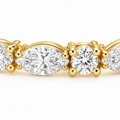 MISSISSI Maris 2.50 total carat marquise and round lab-grown diamond tennis bracelet in 14K yellow gold, macro view