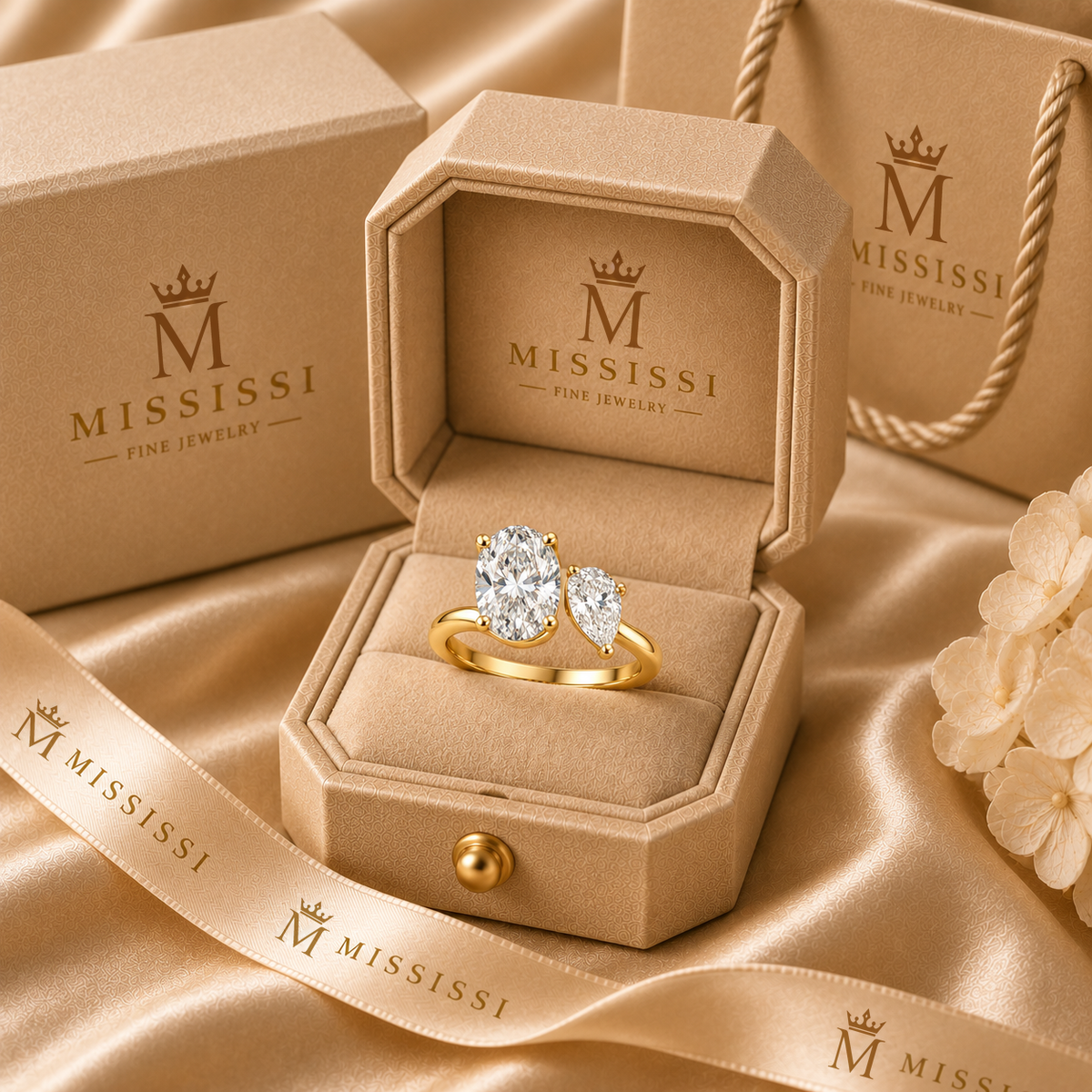 Near Oval and Pear Lab-Grown Diamond Ring in champagne MISSISSI packaging, AI-generated visualization
