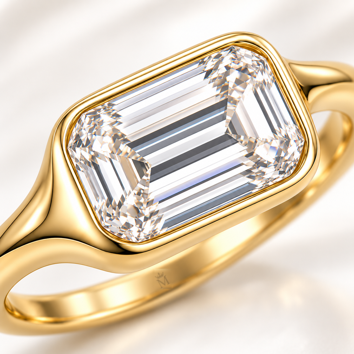 Pebble Frame East-West Emerald Lab-Grown Diamond Ring setting and diamond detail, AI-generated design preview