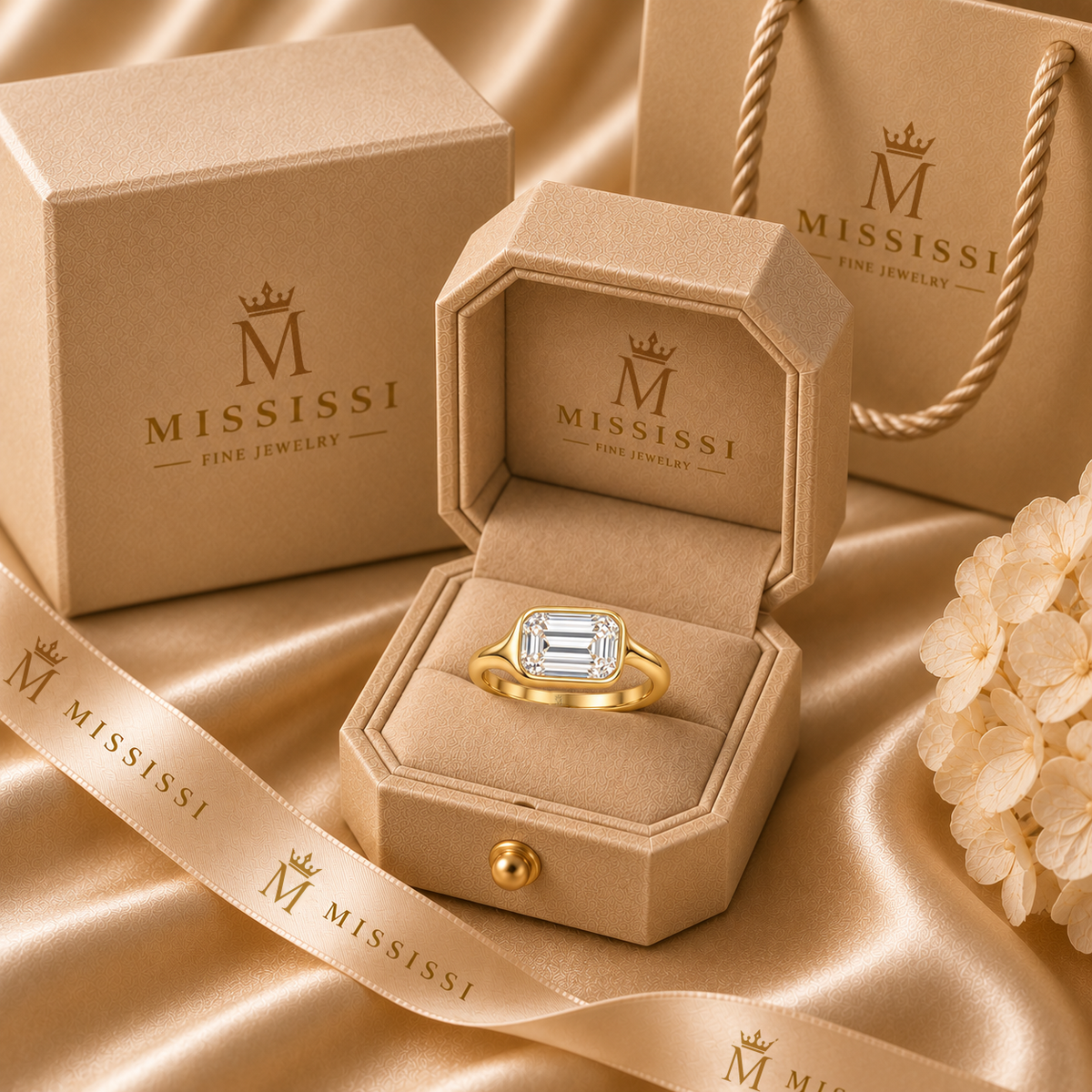 Pebble Frame East-West Emerald Lab-Grown Diamond Ring in champagne MISSISSI packaging, AI-generated visualization