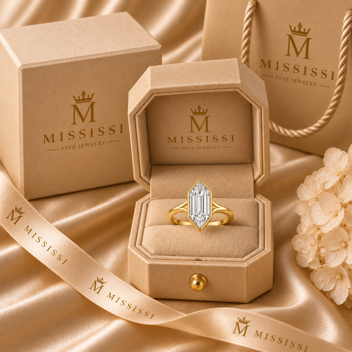 Soft Hex Elongated Hexagon Lab-Grown Diamond Ring in champagne MISSISSI packaging, AI-generated visualization