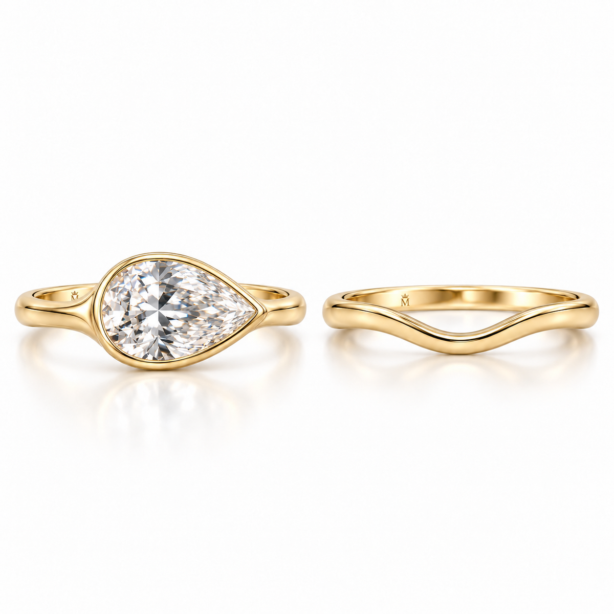 Ebb Duet pear diamond ring and separate plain wave band, AI design preview