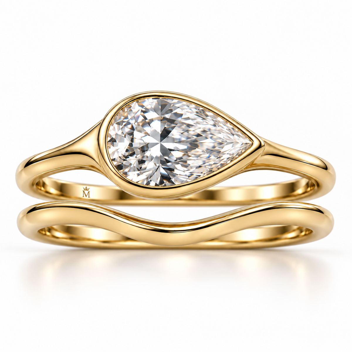 Ebb Duet pear diamond ring and separate wave band stacked together, AI-generated design preview