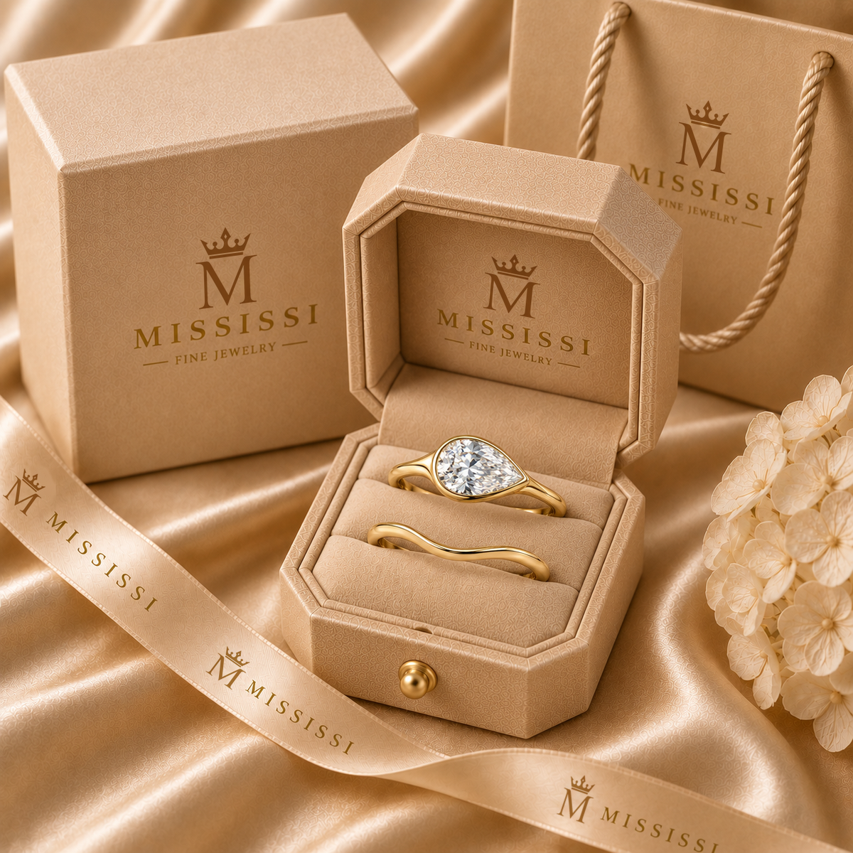 Ebb Duet Pear Lab-Grown Diamond Bridal Set in champagne MISSISSI packaging, AI-generated visualization