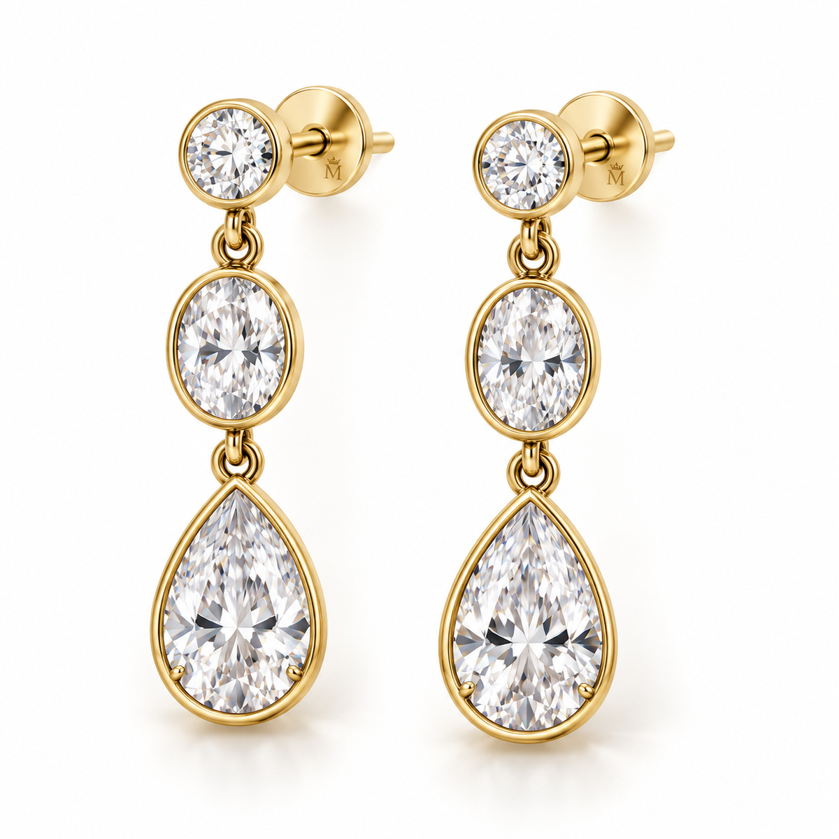 Still Drop Three-Stone Lab-Grown Diamond Earrings in yellow gold, AI-generated design preview
