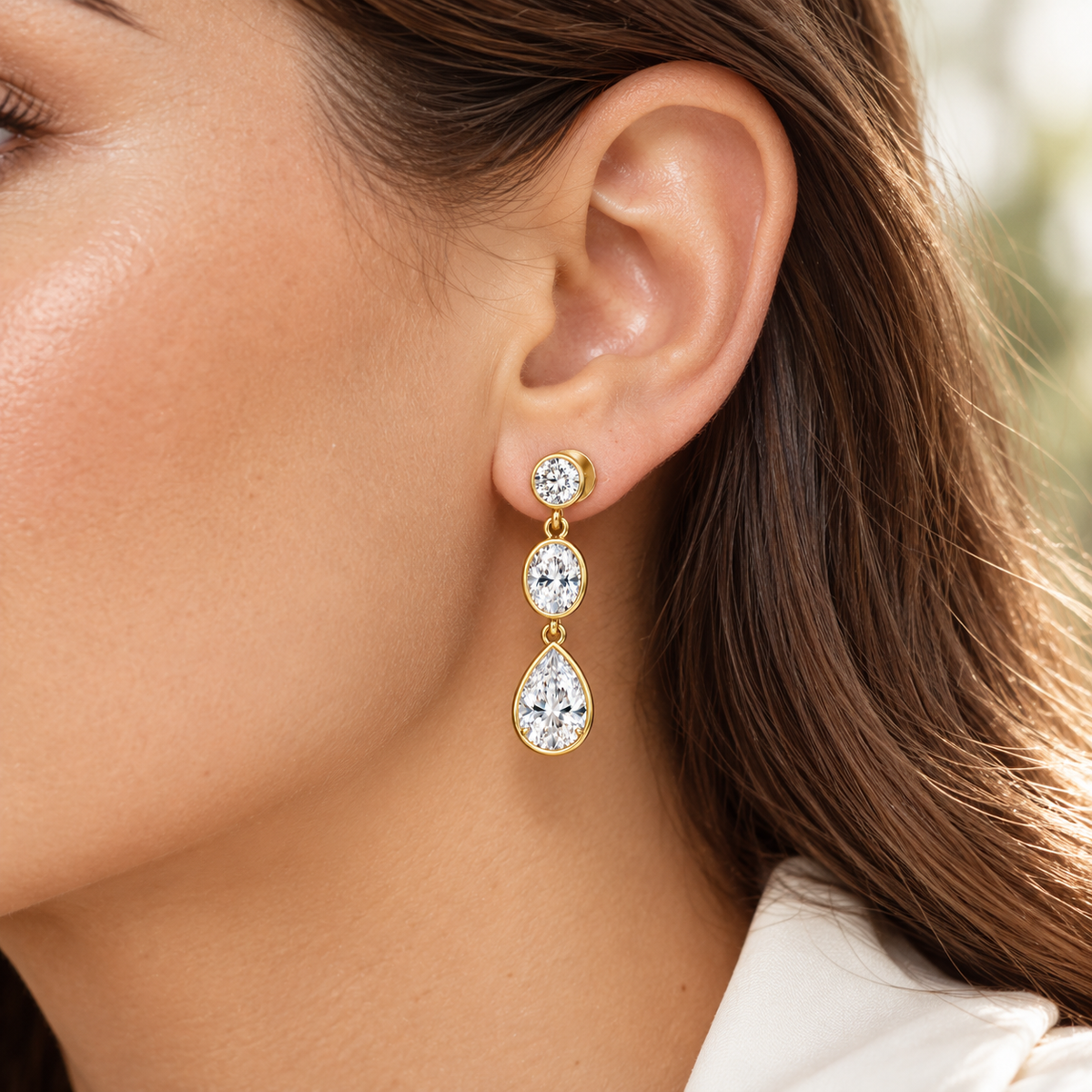 Still Drop Three-Stone Lab-Grown Diamond Earrings wearing visualization with illustrative scale