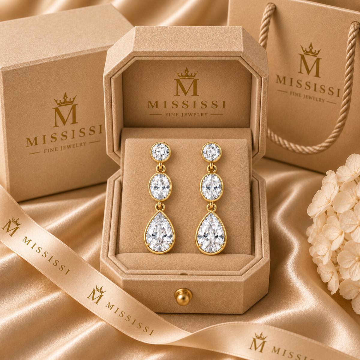 Still Drop Three-Stone Lab-Grown Diamond Earrings in champagne MISSISSI packaging, AI-generated visualization