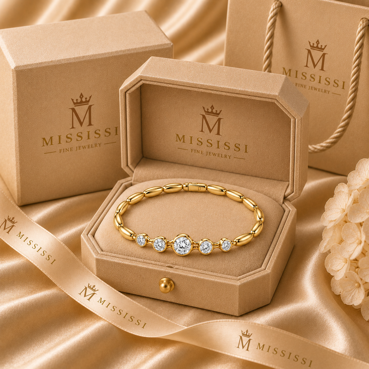 Interval Five-Stone Lab-Grown Diamond Bracelet in champagne MISSISSI packaging, AI-generated visualization
