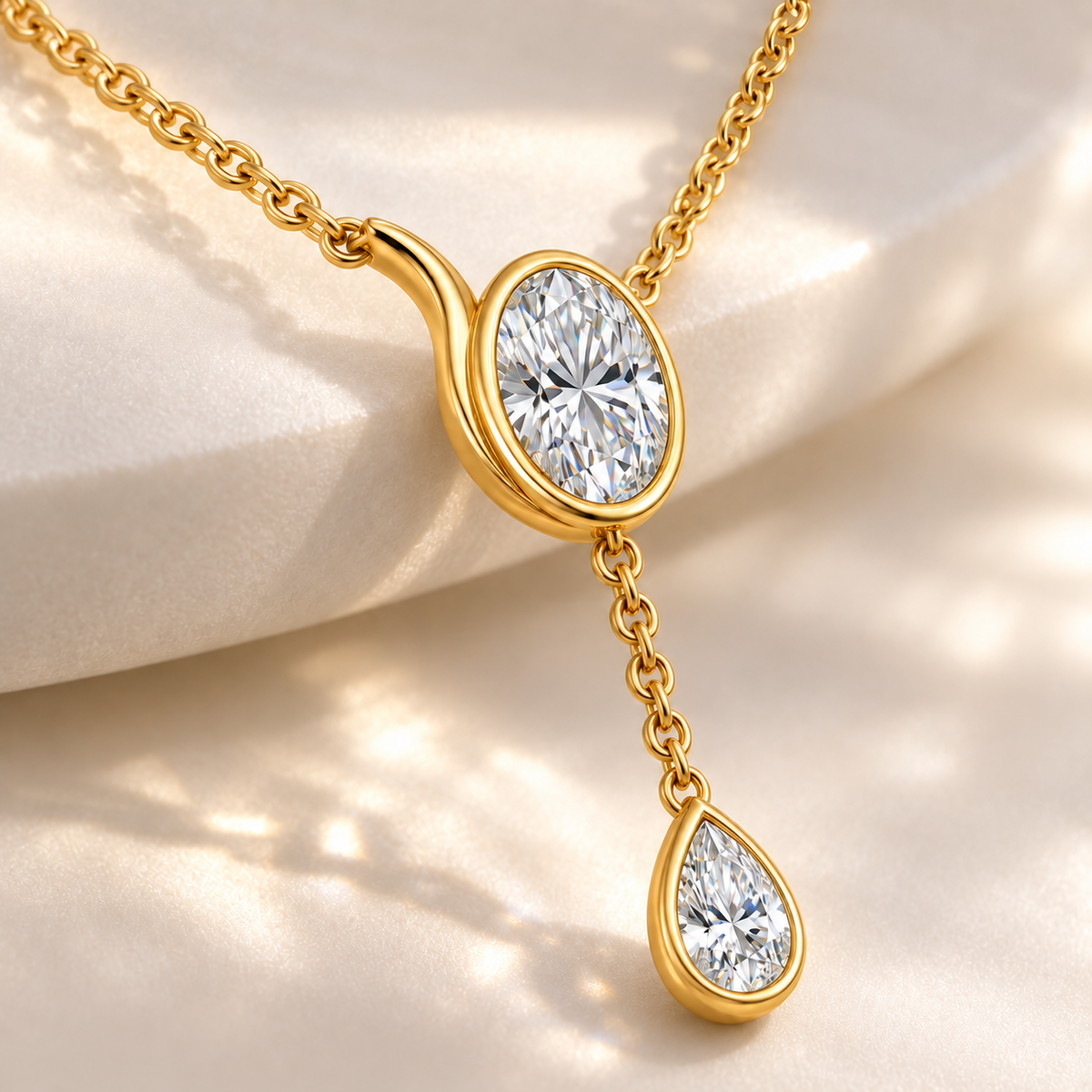 Tide Line Oval and Pear Lab-Grown Diamond Y Necklace setting and diamond detail, AI-generated design preview