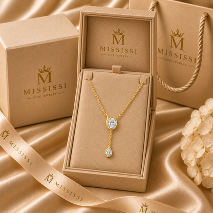 Tide Line Oval and Pear Lab-Grown Diamond Y Necklace in champagne MISSISSI packaging, AI-generated visualization