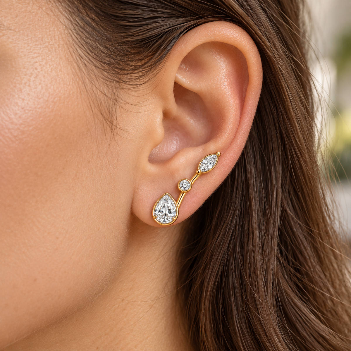 Drift Arc Pear and Marquise Lab-Grown Diamond Ear Climbers wearing visualization with illustrative scale